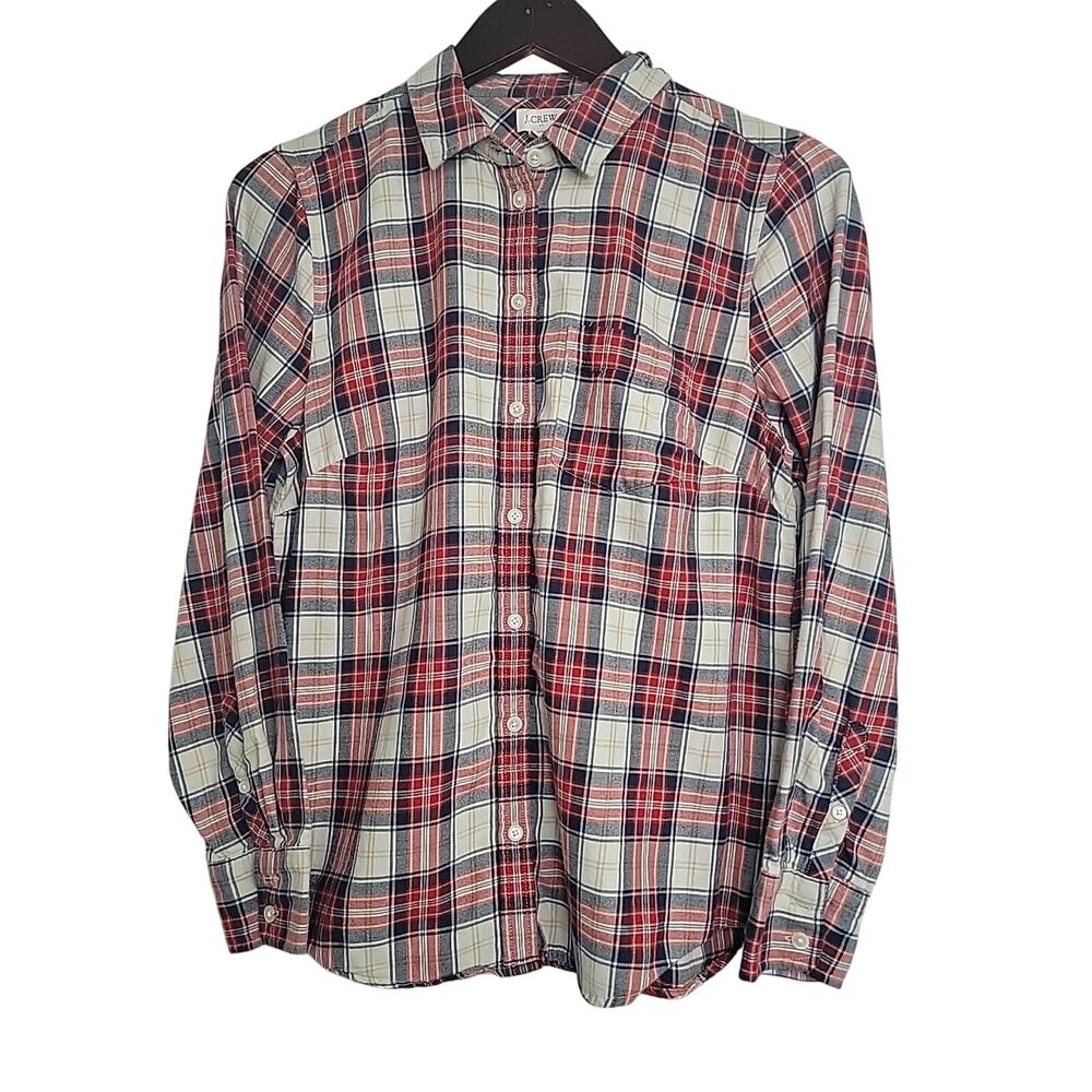 J.Crew‎ Women Red Blue Button-Down Flanned Plaid 100% Cotton Shirt Sz M EUC - Picture 2 of 8